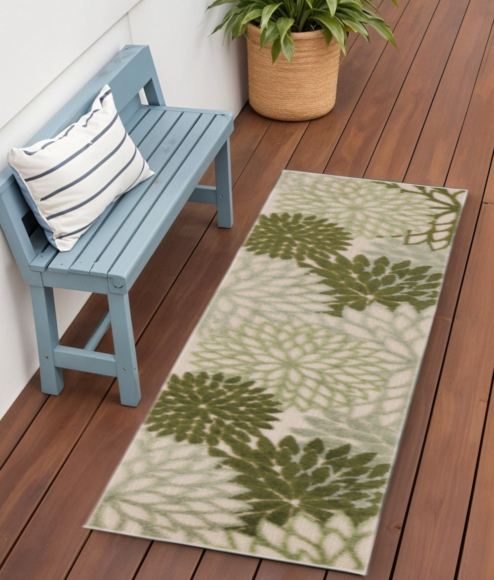 6' Ivory And Green Floral Indoor Outdoor Runner Rug - Outdoor