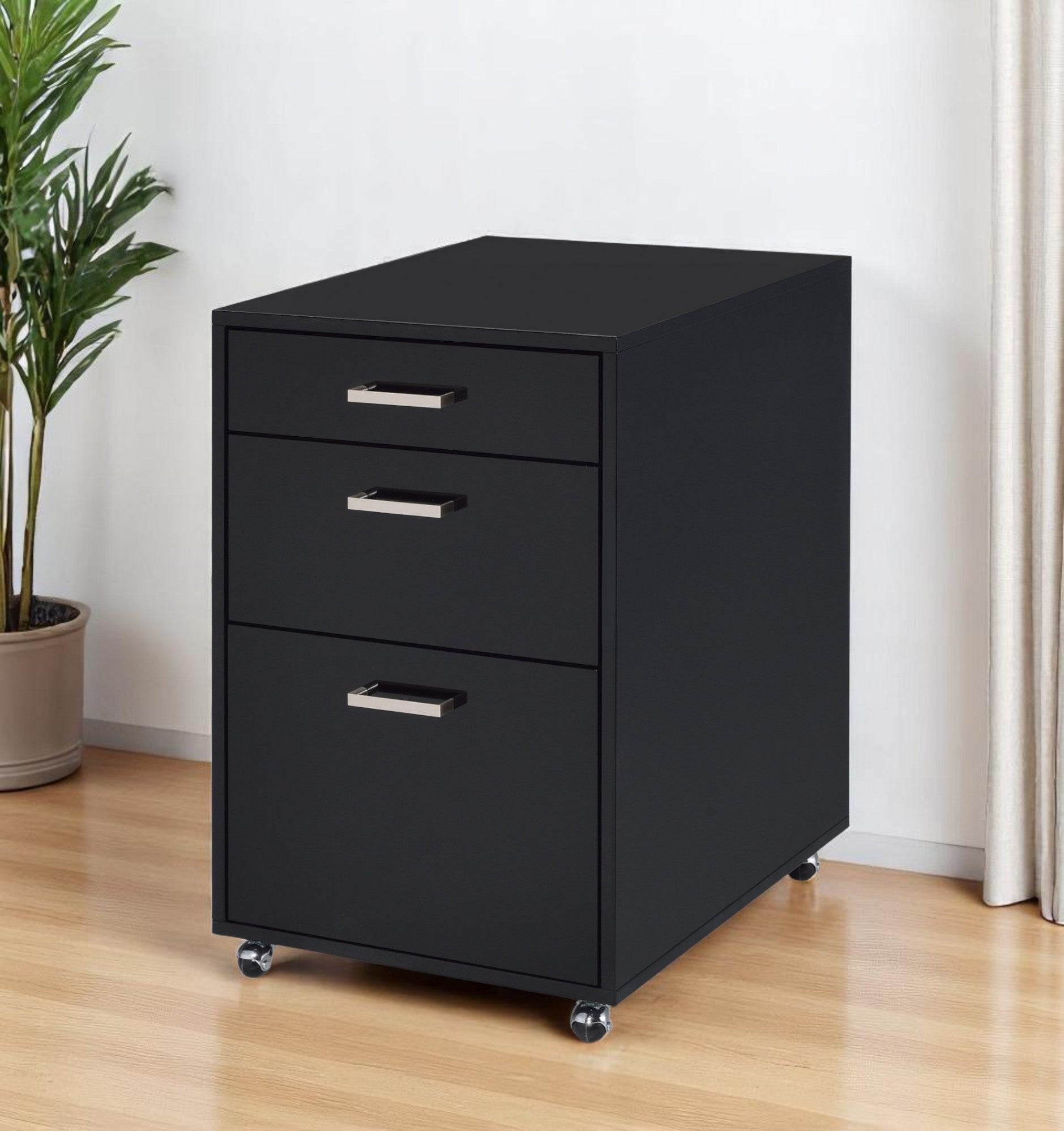 28" Black Wood And Metal Three Drawers Filing Cabinet - Office