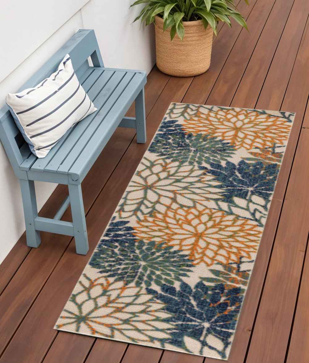 6' Blue Green And Orange Floral Indoor Outdoor Runner Rug