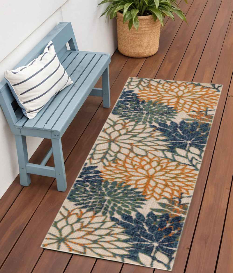 6' Blue Green And Orange Floral Indoor Outdoor Runner Rug
