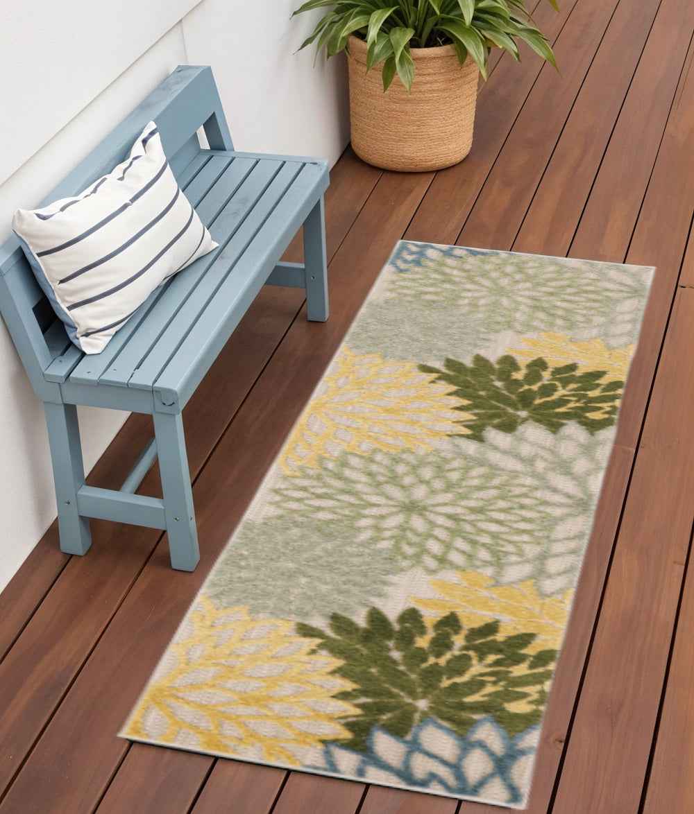 6' Dark Green Yellow And Blue Floral Indoor Outdoor Runner Rug
