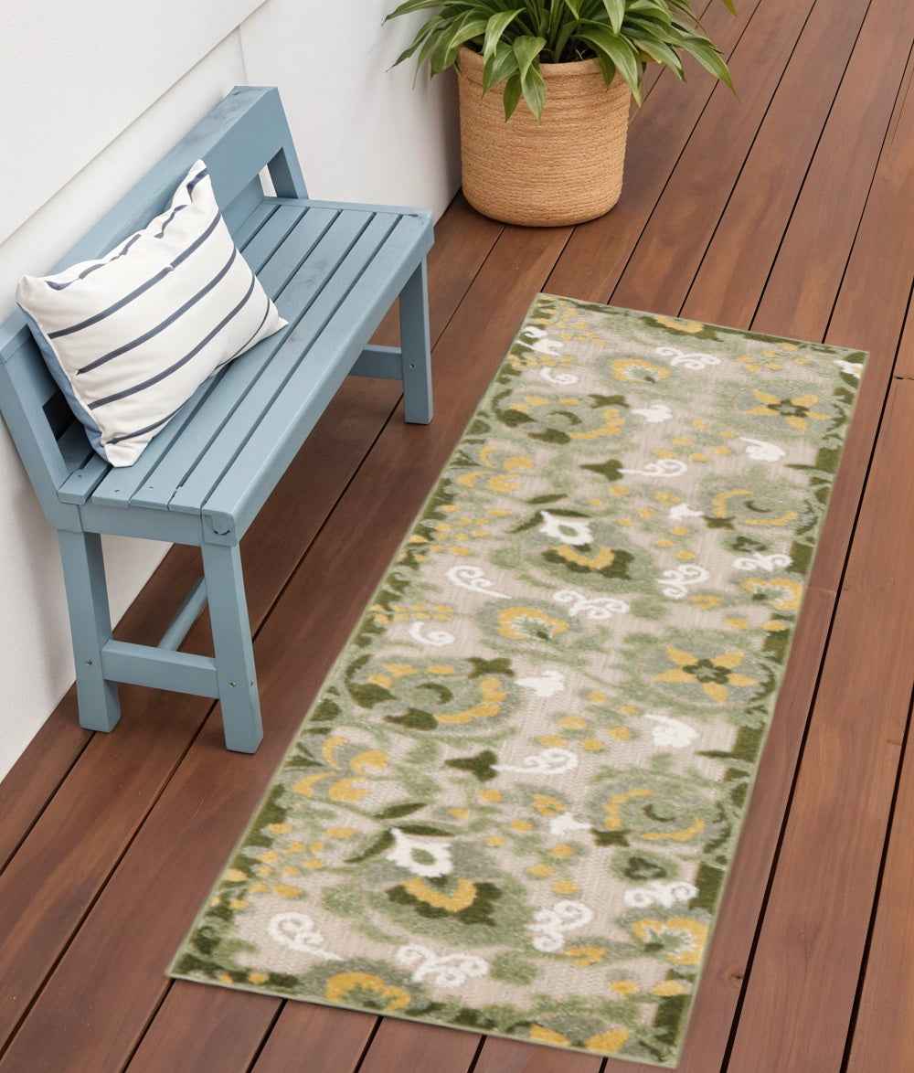 6' Ivory And Green Floral Indoor Outdoor Runner Rug