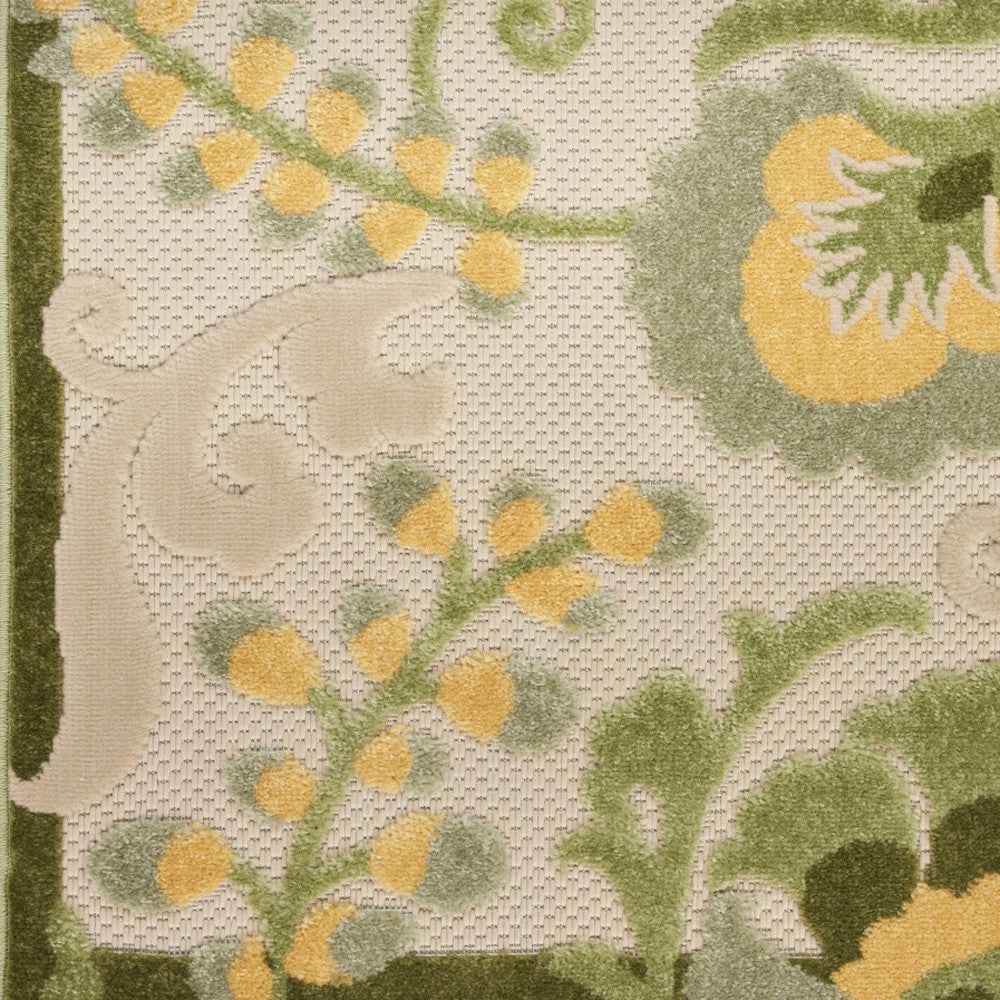 6' Ivory And Green Floral Indoor Outdoor Runner Rug