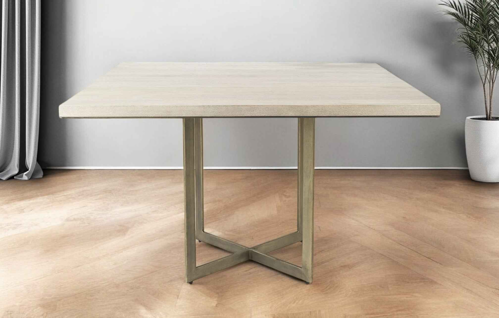 Modern Square Wood and Gold Dining Table