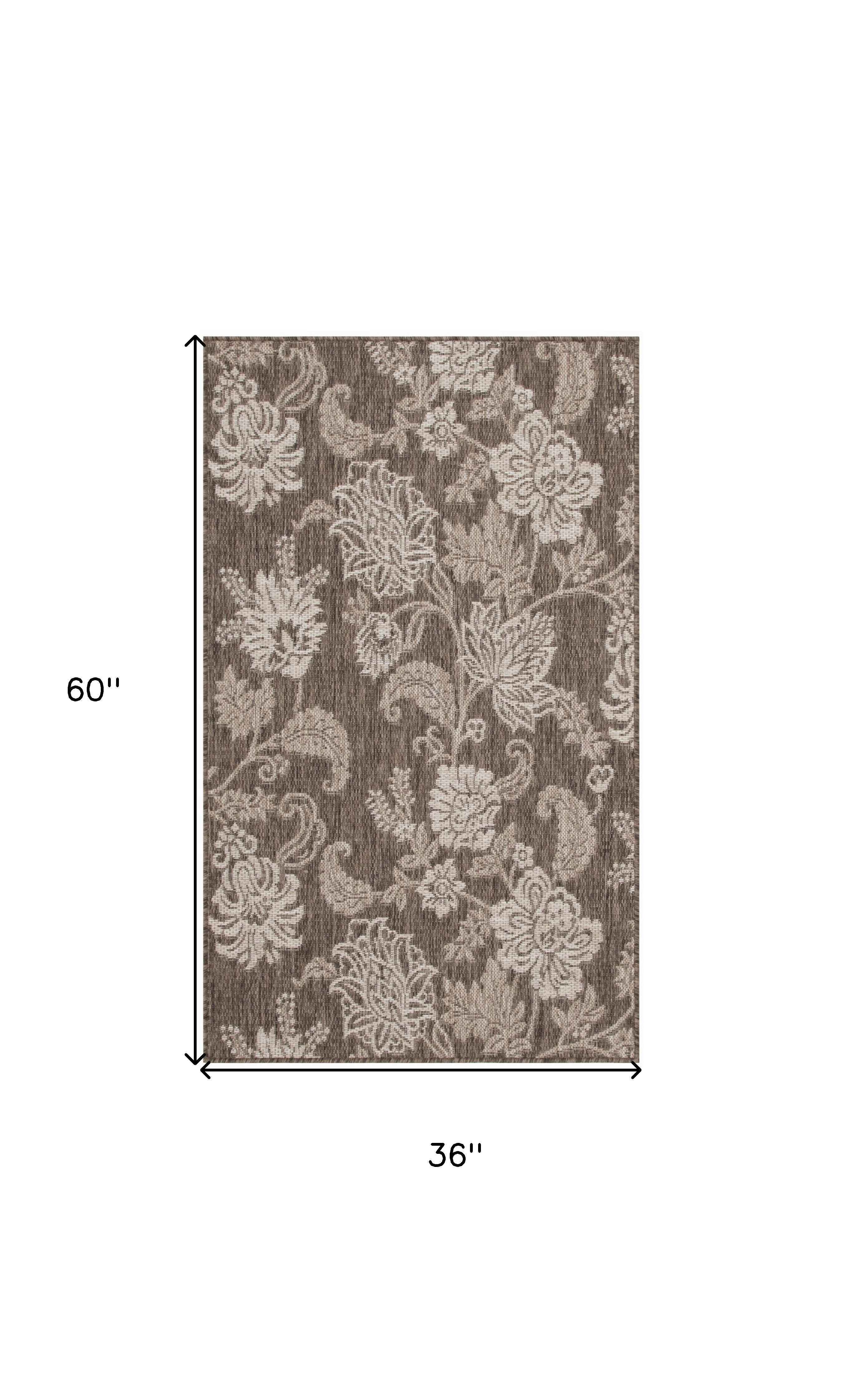 3' X 5' Brown And Ivory Floral Indoor Outdoor Area Rug