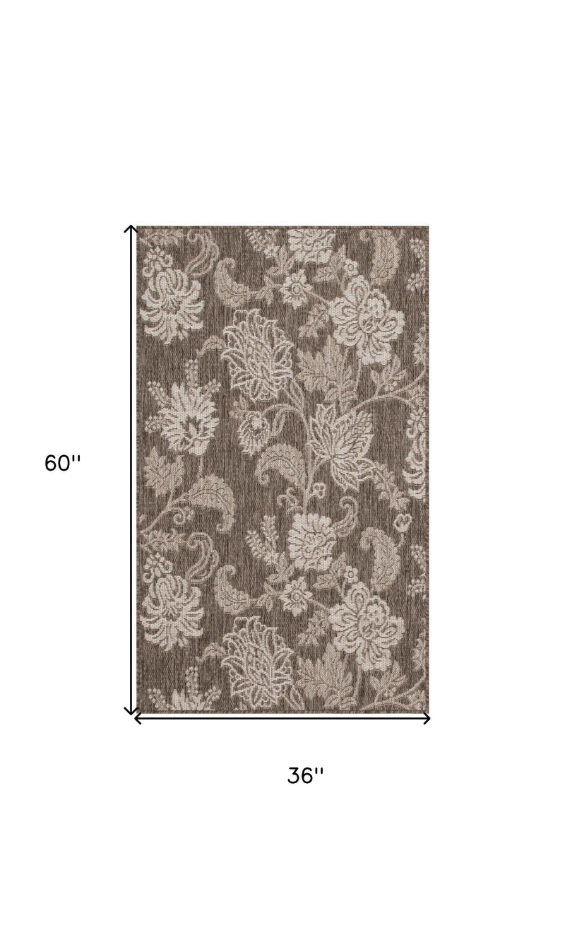 3' X 5' Brown And Ivory Floral Indoor Outdoor Area Rug