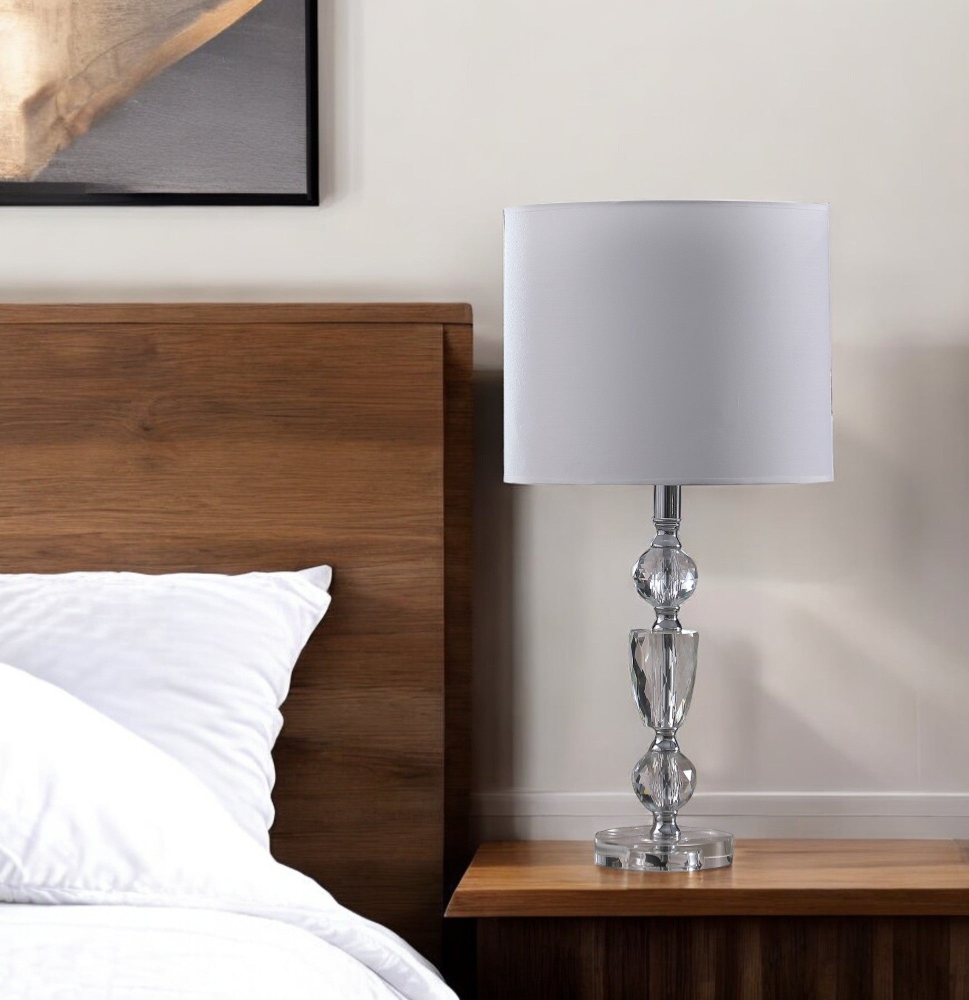 24" Clear And Silver Faux Crystal And Metal Table Lamp With White Drum Shade - Lighting