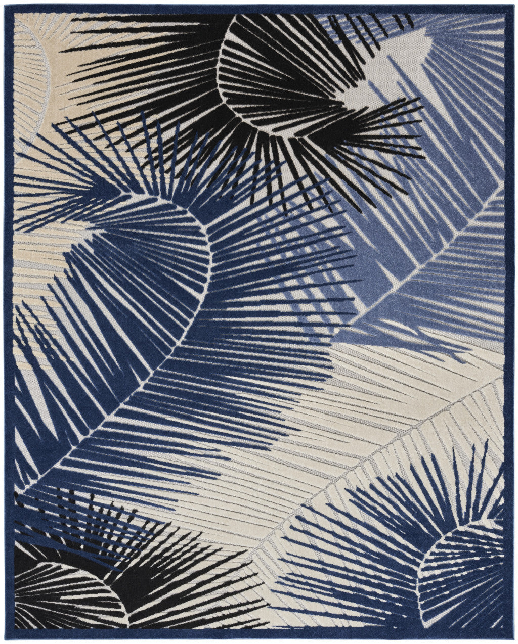 5' X 7' Navy Blue Ivory And Black Palm Leaf Indoor Outdoor Area Rug - Outdoor