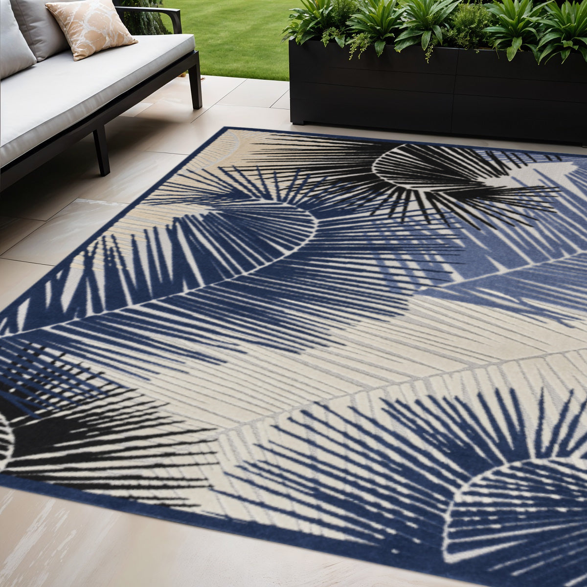 5' X 7' Navy Blue Ivory And Black Palm Leaf Indoor Outdoor Area Rug - Outdoor