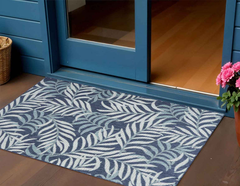 3' X 5' Navy Blue And Ivory Palm Leaf Indoor Outdoor Area Rug