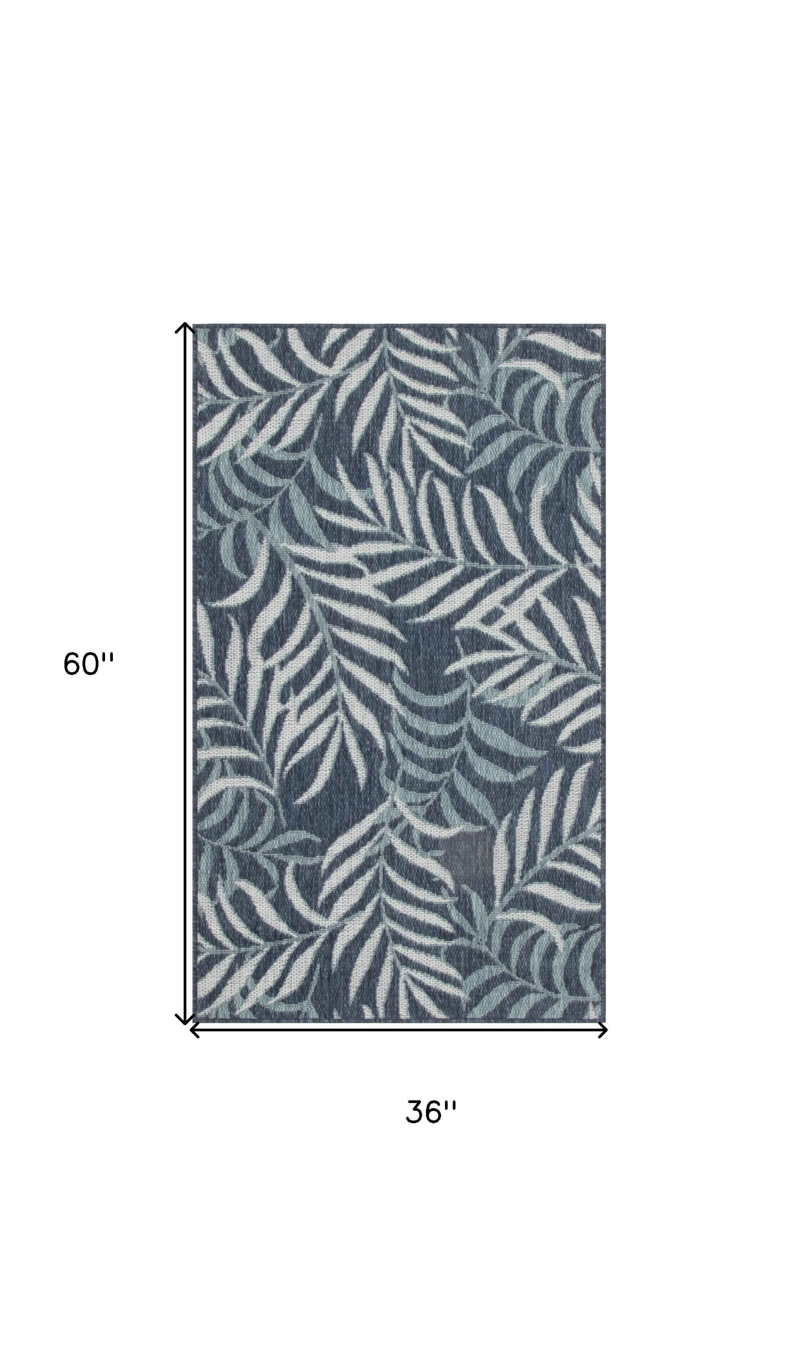 3' X 5' Navy Blue And Ivory Palm Leaf Indoor Outdoor Area Rug