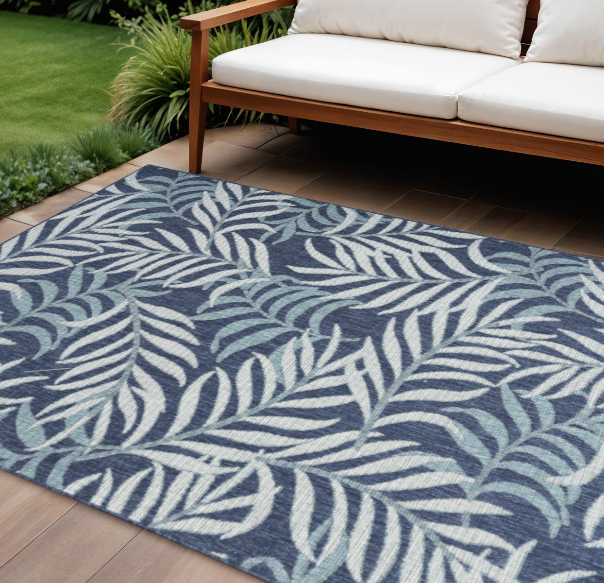 6' X 9' Navy Blue And Ivory Palm Leaf Indoor Outdoor Area Rug - Sports & Outdoor