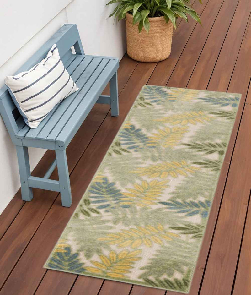 6' Green Yellow And Blue Palm Leaf Indoor Outdoor Runner Rug