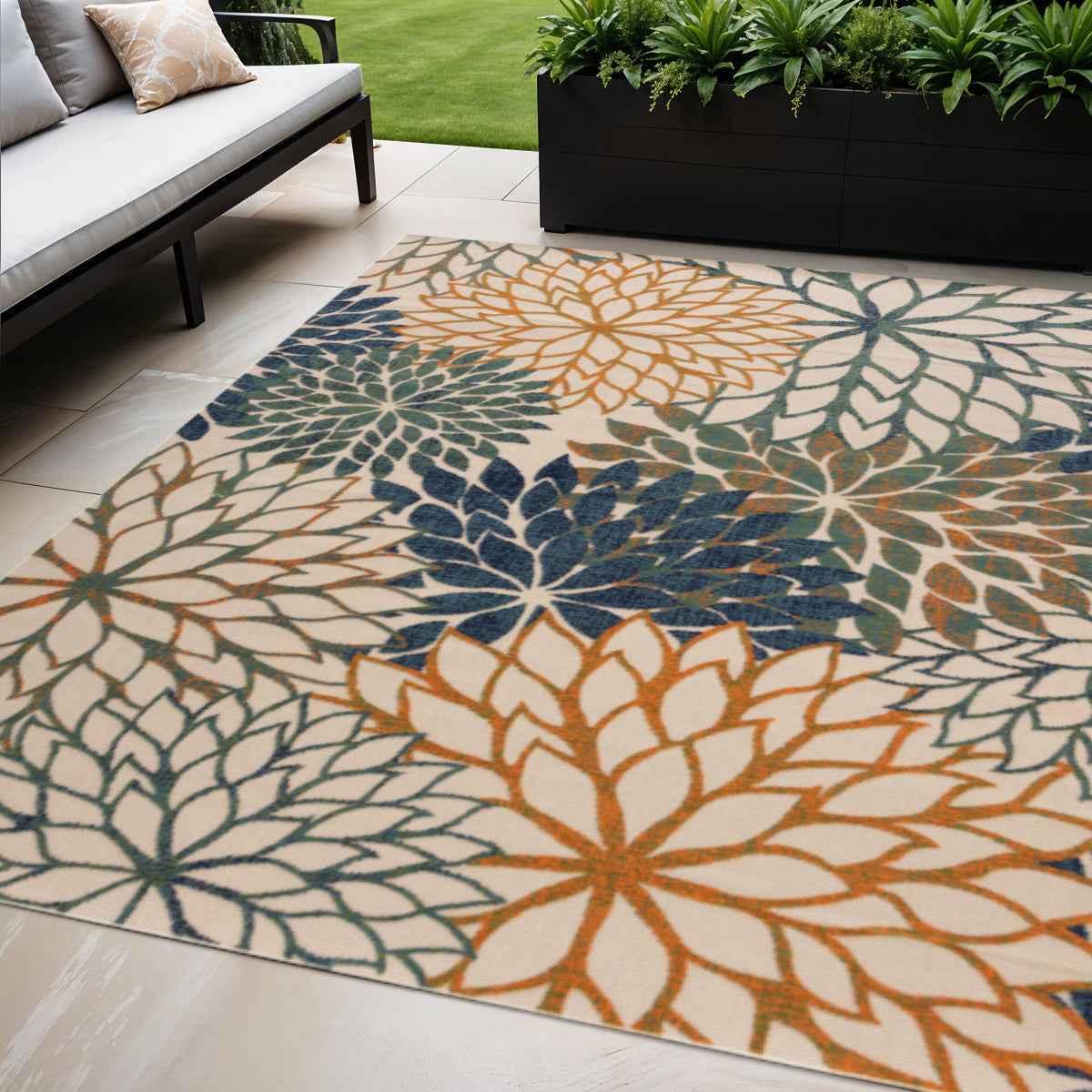 5' X 8' Blue Yellow And Blue Floral Indoor Outdoor Area Rug
