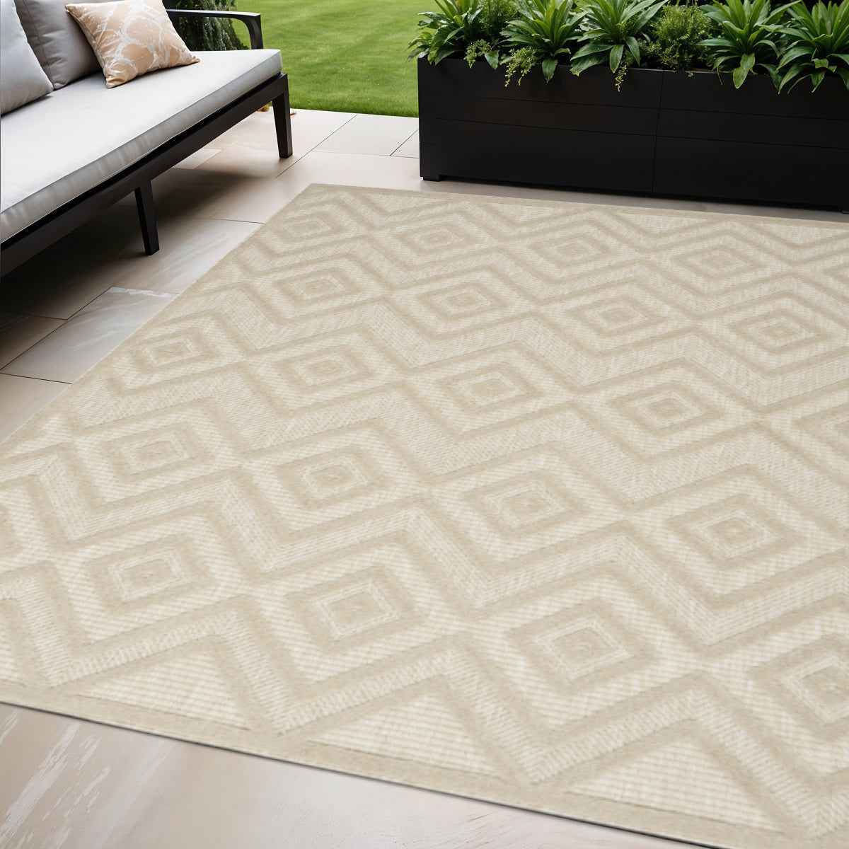 5' X 7' Cream And Beige Geometric Indoor Outdoor Area Rug