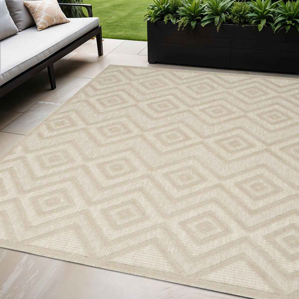 5' X 7' Cream And Beige Geometric Indoor Outdoor Area Rug