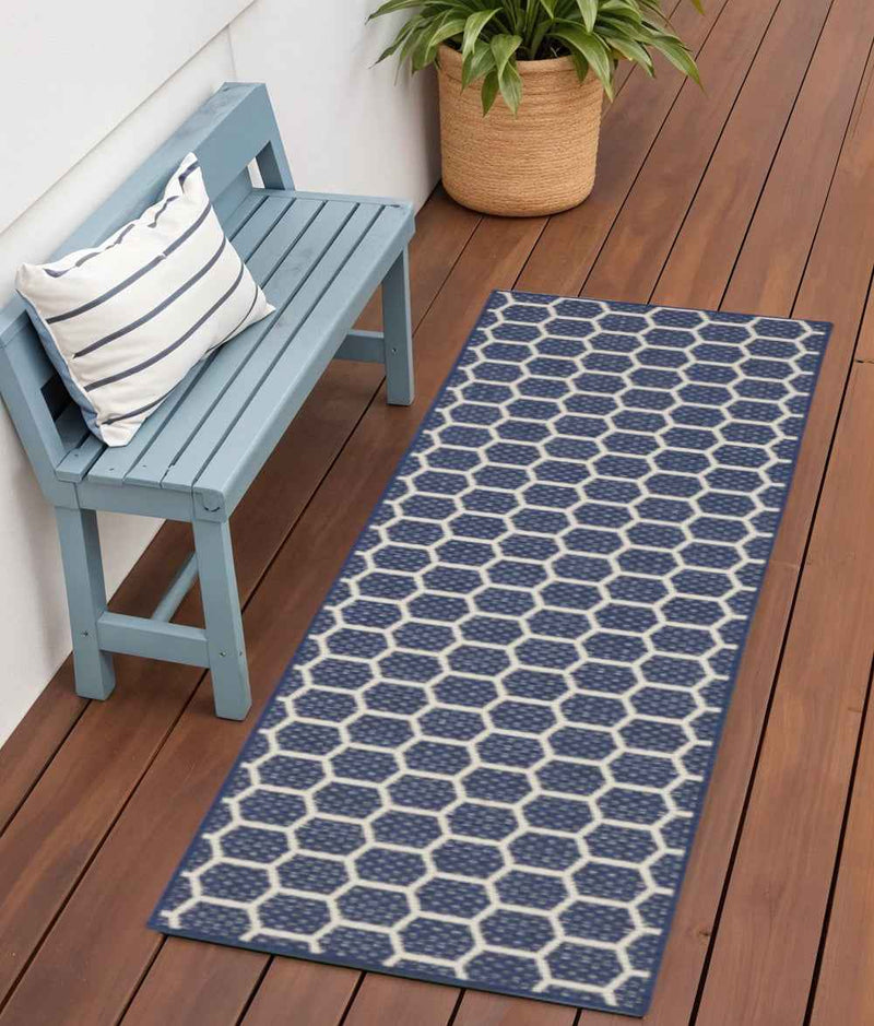 6' Navy Blue And Ivory Geometric Indoor Outdoor Area Rug