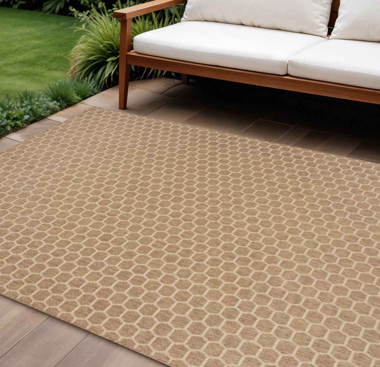 8' X 10' Natural And Beige Geometric Indoor Outdoor Area Rug