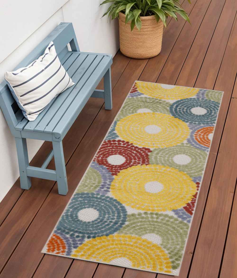6' Blue Yellow Blue Red And Green Medallion Indoor Outdoor Area Rug