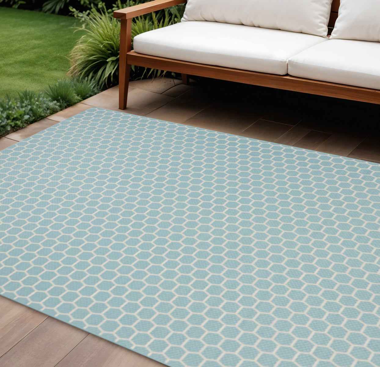 10' X 14' Aqua And Ivory Geometric Indoor Outdoor Area Rug