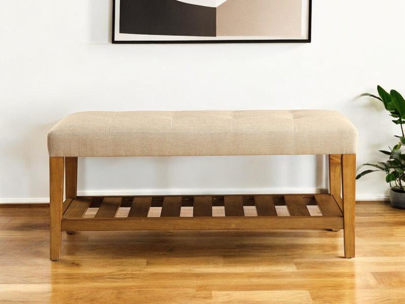 40" Beige and Brown Upholstered Polyester Bench with Shelves - Living Room