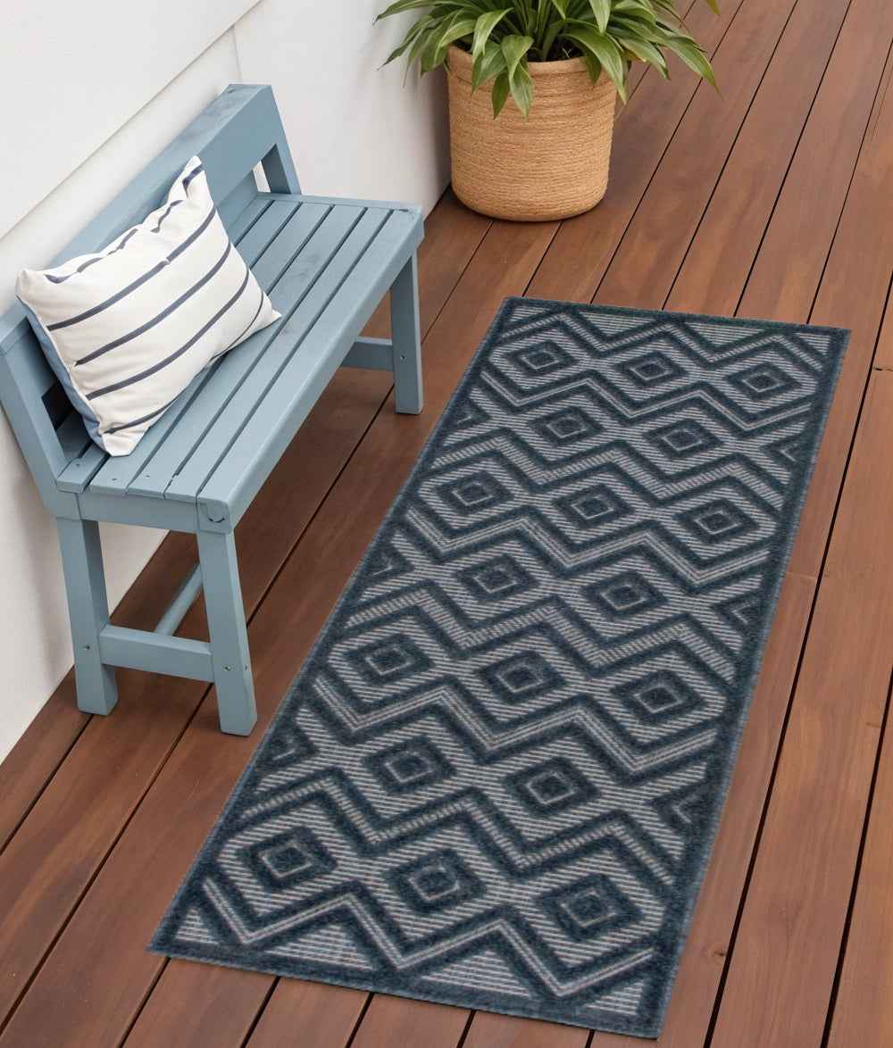 6' Navy Blue And Ivory Geometric Indoor Outdoor Area Rug