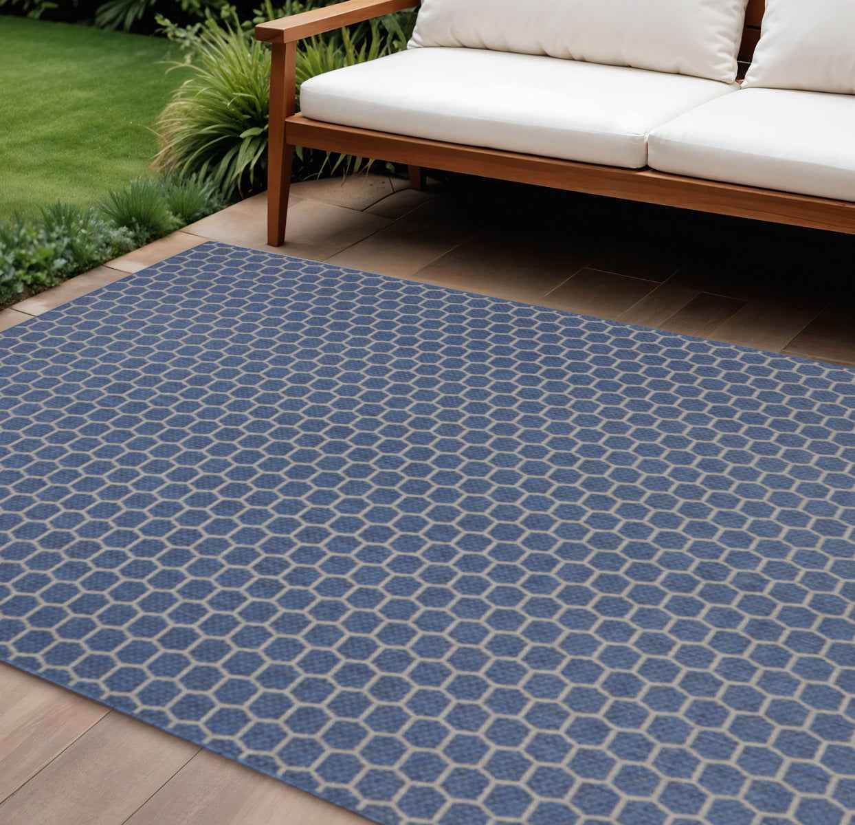 9' X 12' Blue And Beige Geometric Indoor Outdoor Area Rug