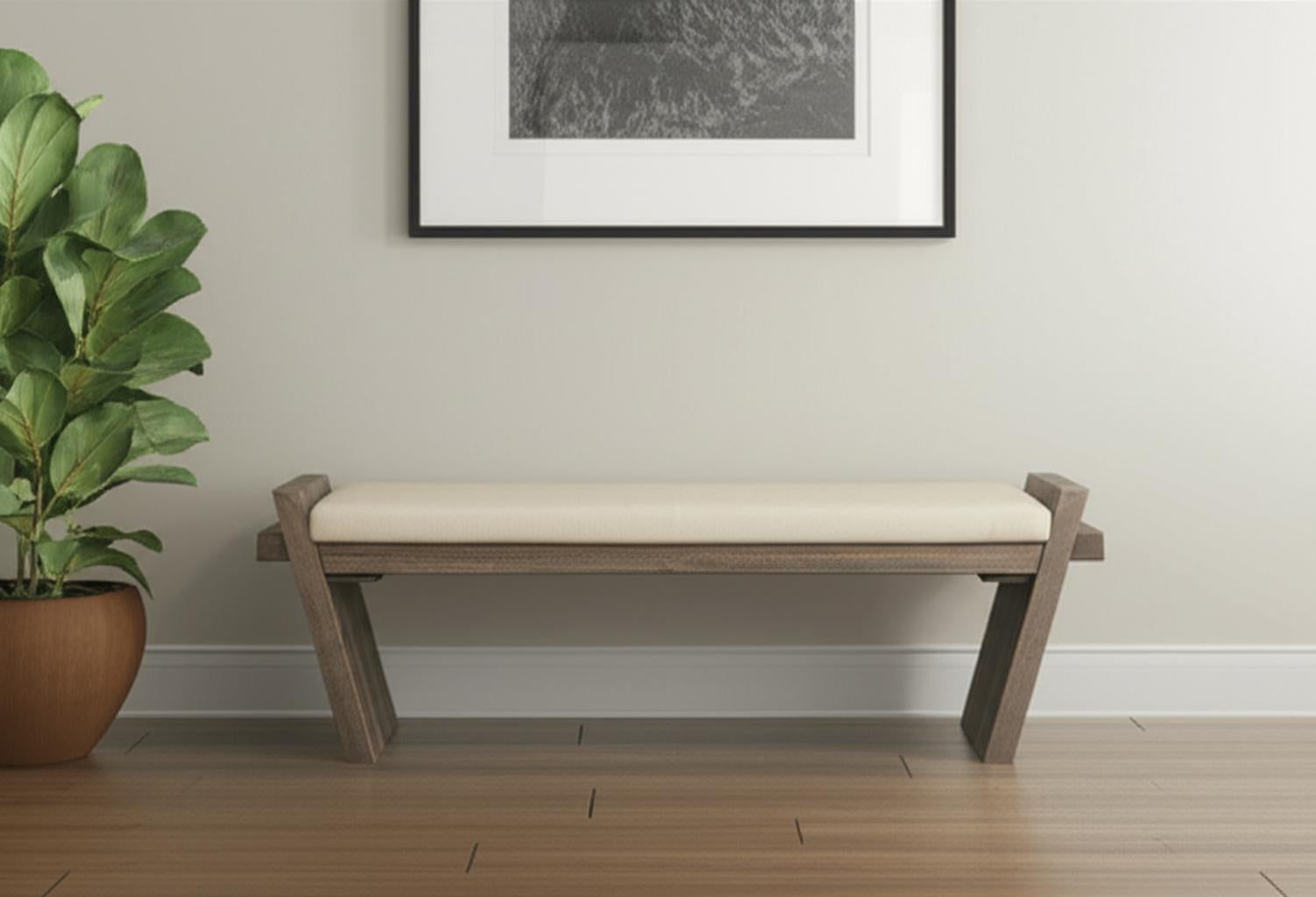 14" Cream and Brown Upholstered Linen Blend Bench - Living Room