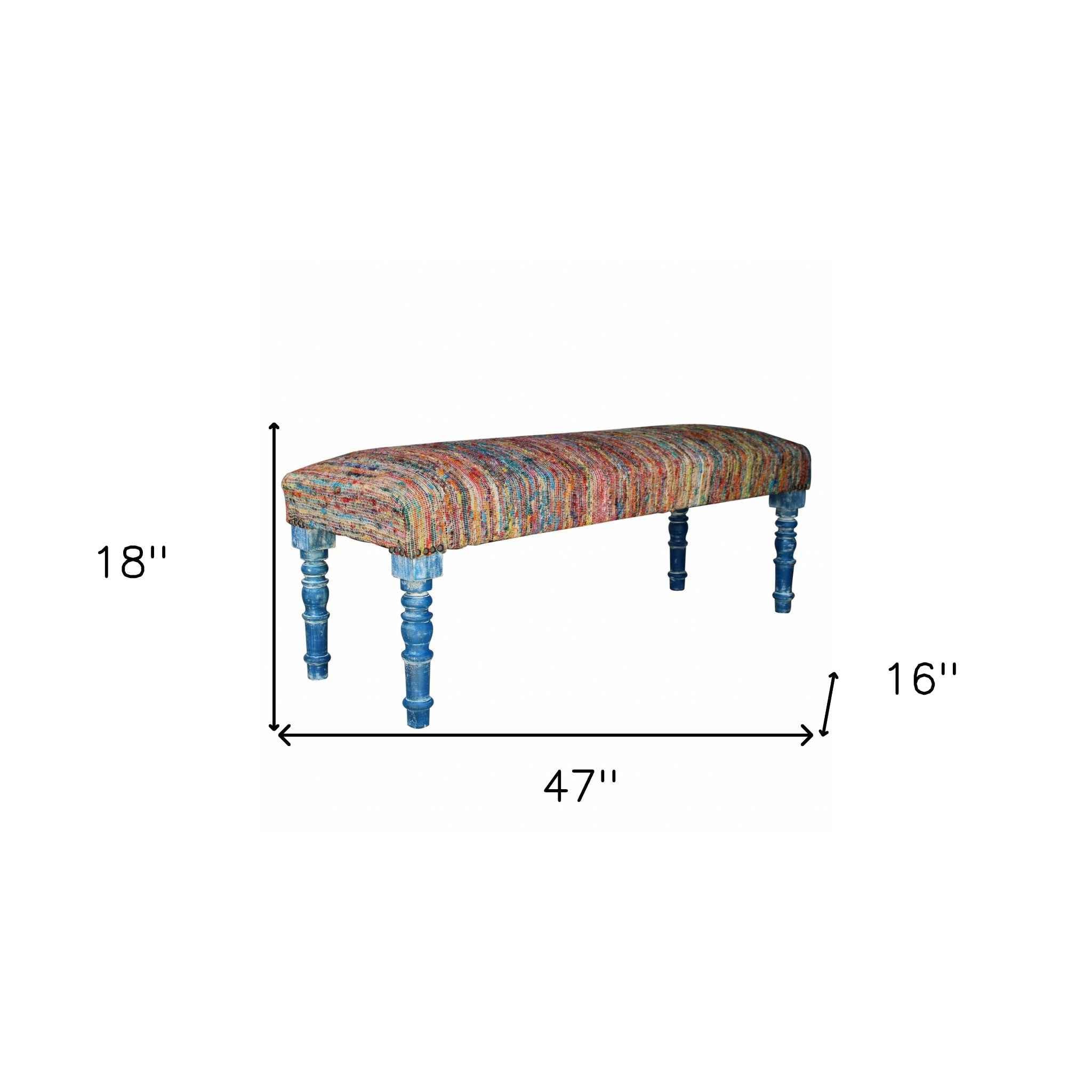 47" Rainbow Stripe Blue Leg Upholstered Bench