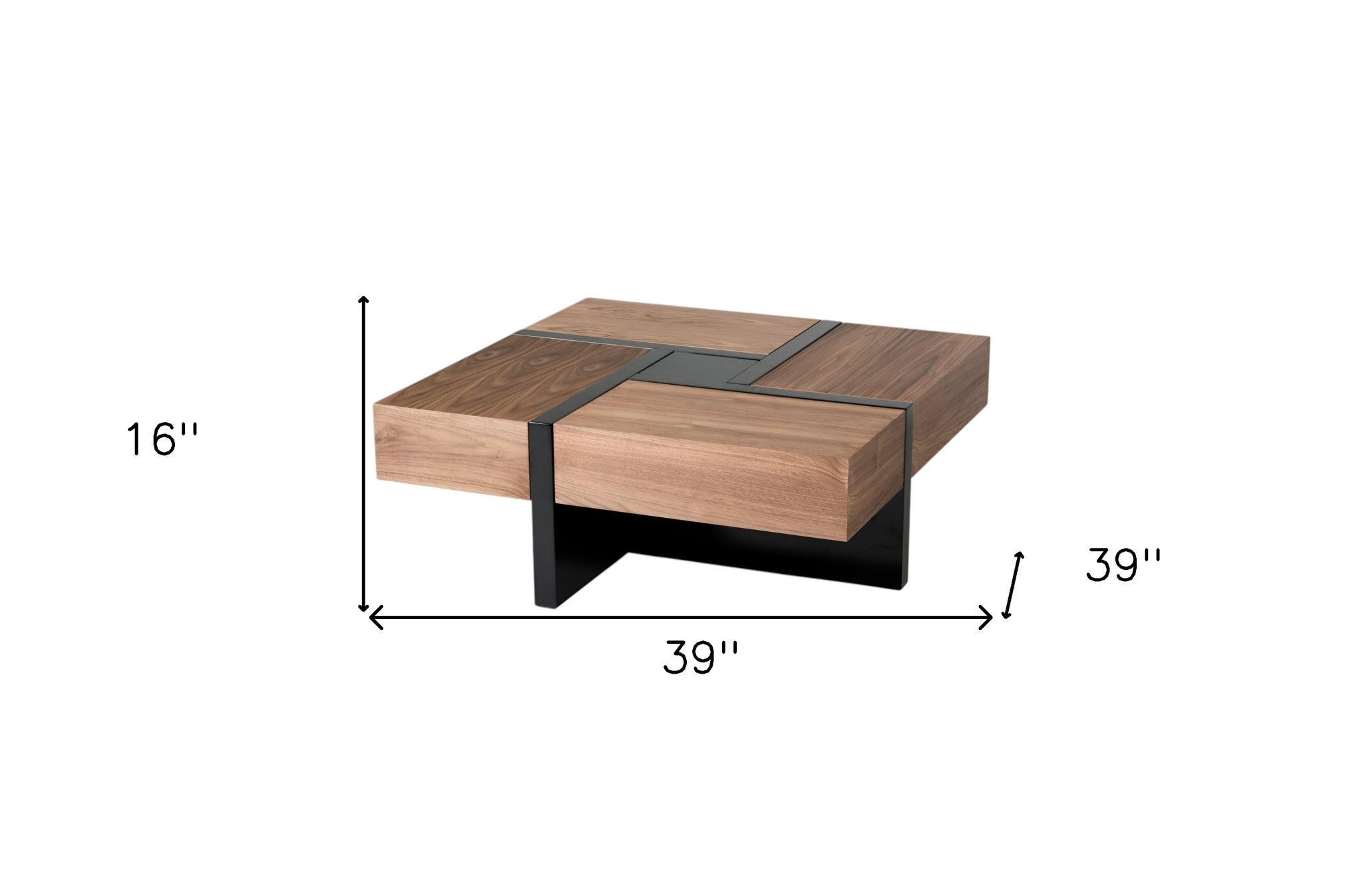 Brown and black wood square coffee table with four drawers, 39 in length and 16 in height