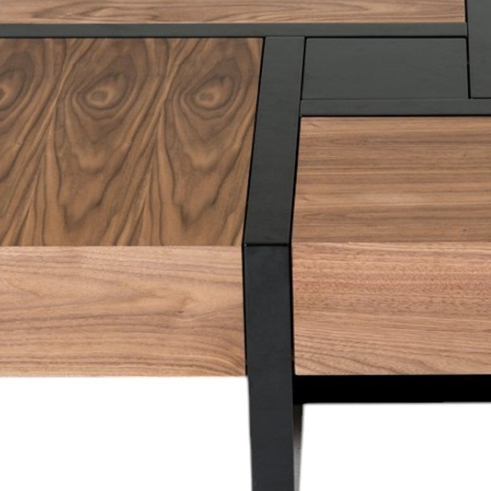 Brown and black wood square coffee table corner view with drawer fronts and black base