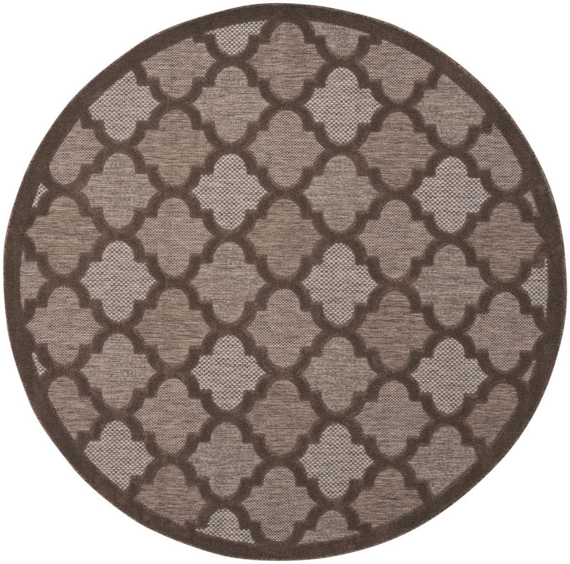 Round area rug featuring a trellis geometric pattern in dark brown and gray