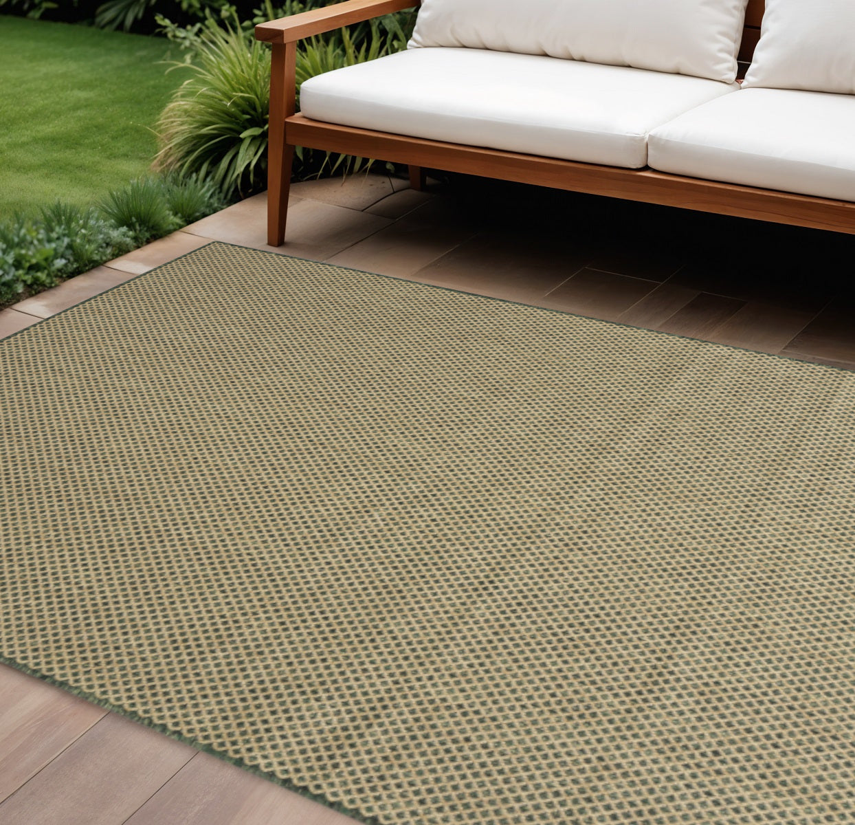 6' X 9' Green And Taupe Geometric Indoor Outdoor Area Rug