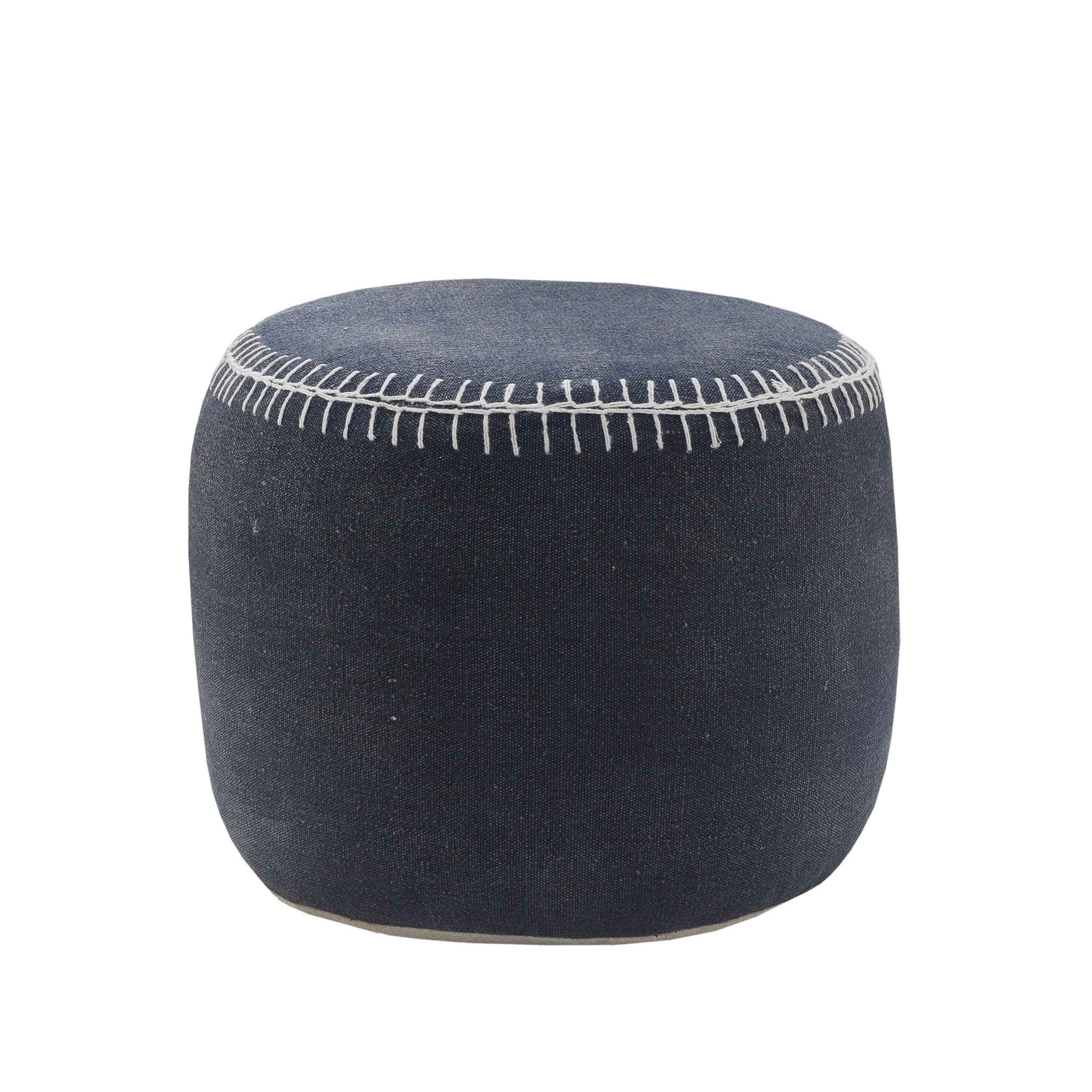 18" Blue Cotton Cylinder Striped Pouf Ottoman
