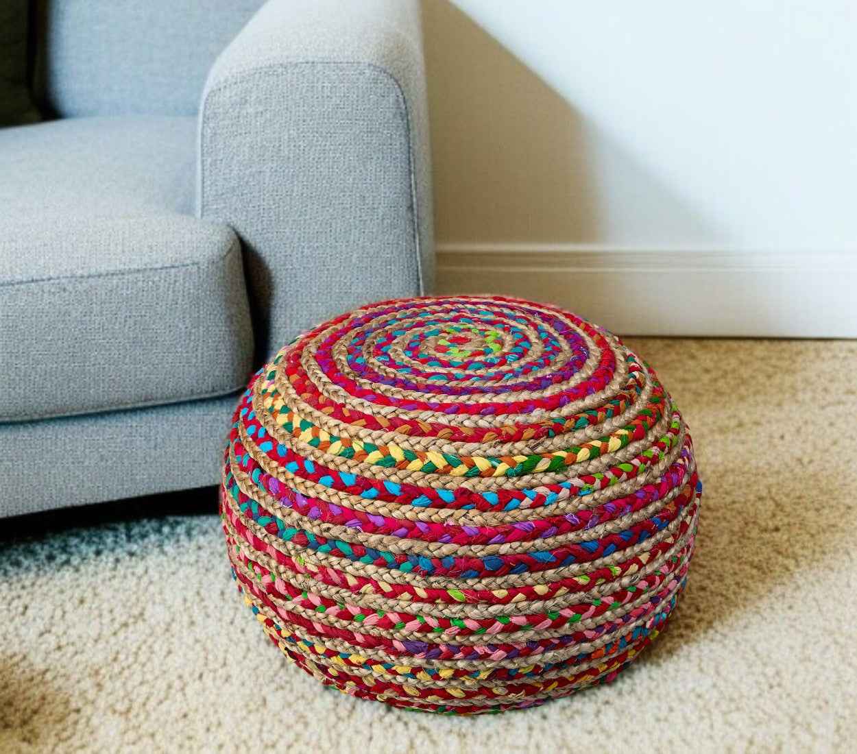 20" Rainbow Cotton Blend Round Striped Pouf Ottoman
