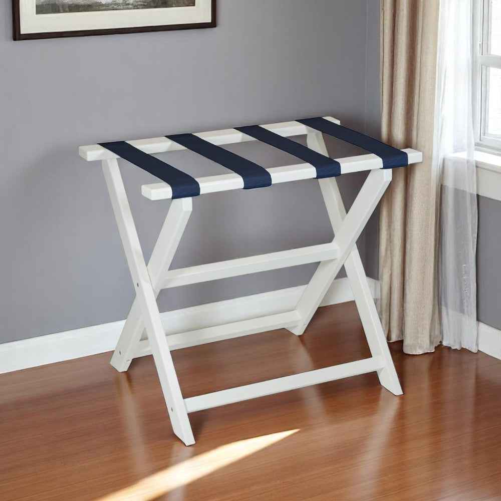 Earth Friendly White Folding Luggage Rack With Navy Straps