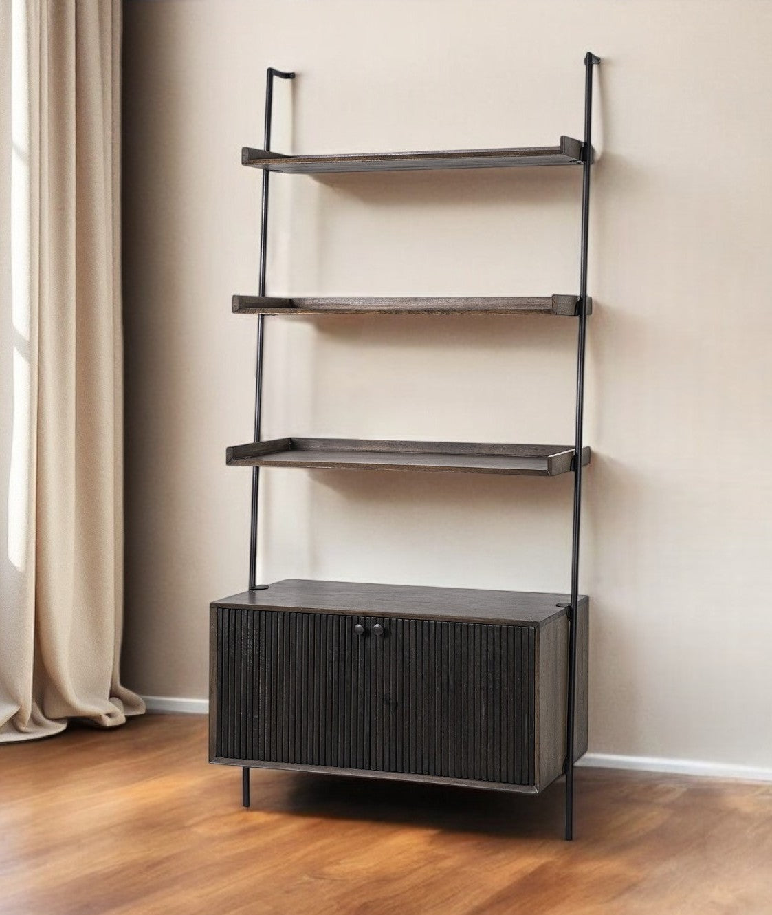 Dark Brown Metal and Wood Three Tier Ladder Bookcase - Office