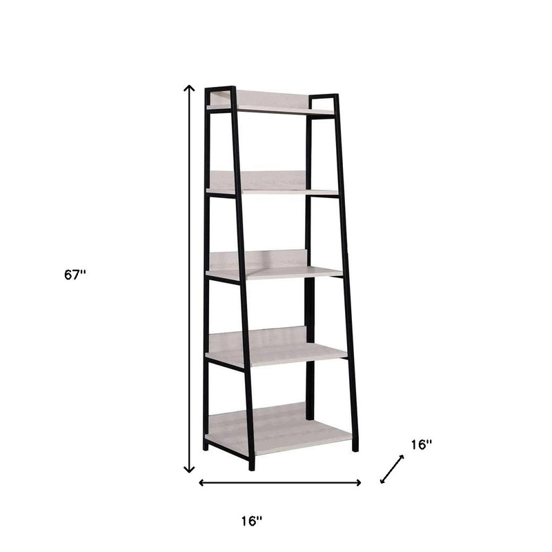 67" Natural and Black Metal Five Tier Ladder Bookcase - Office