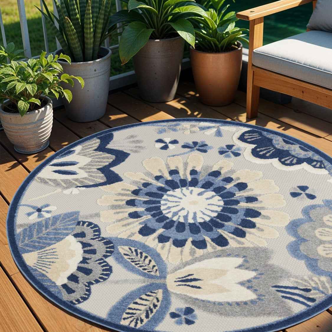 4' Blue Gray And Ivory Round Floral Indoor Outdoor Area Rug