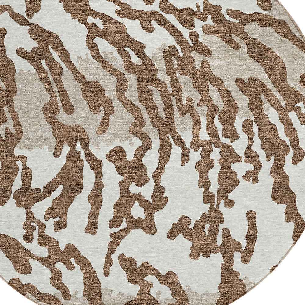 8' Chocolate Beige And Ivory Round Animal Print Washable Indoor Outdoor Area Rug