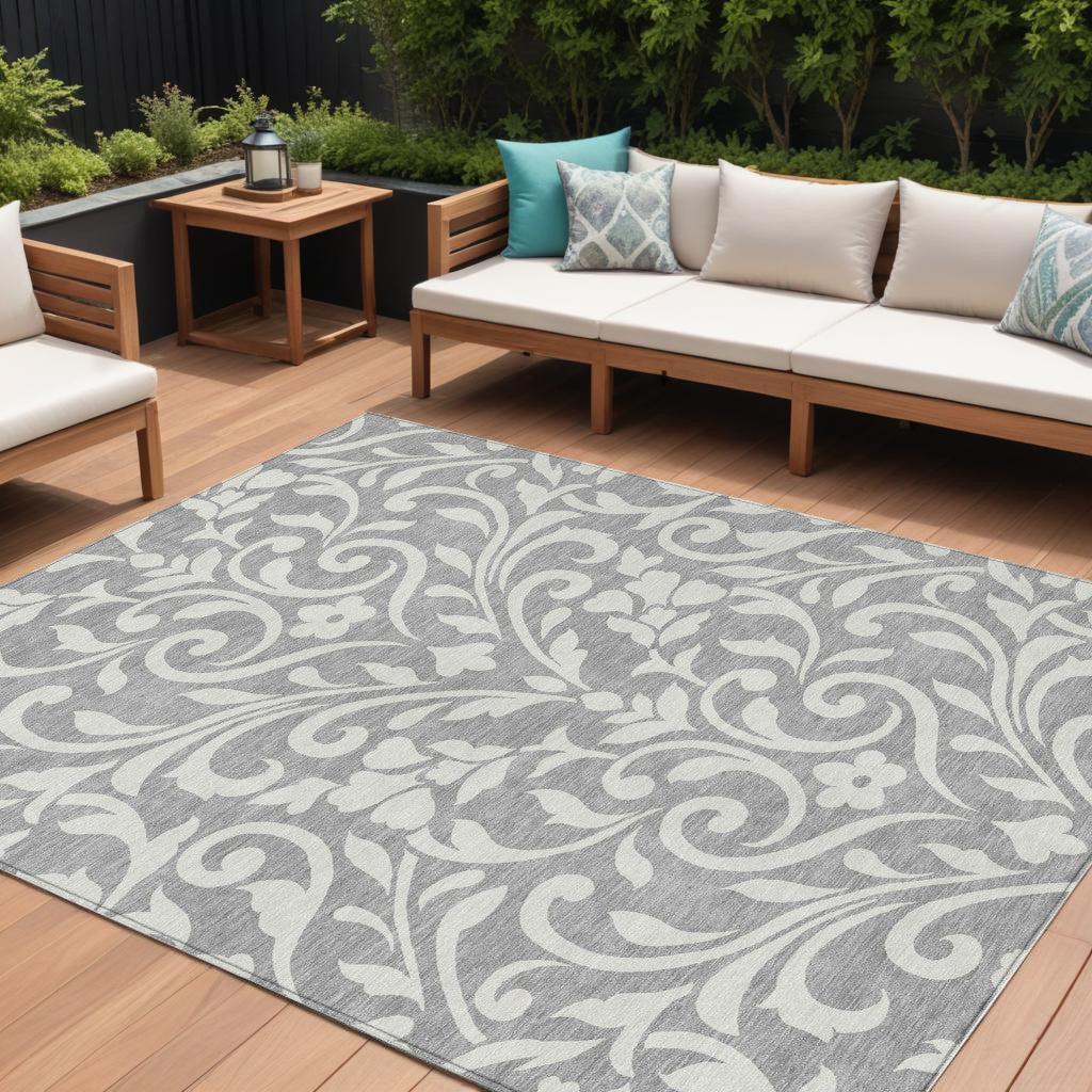 8' X 10' Gray And Ivory Floral Washable Indoor Outdoor Area Rug - Outdoor