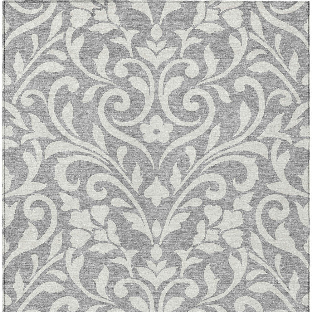 8' X 10' Gray And Ivory Floral Washable Indoor Outdoor Area Rug - Outdoor