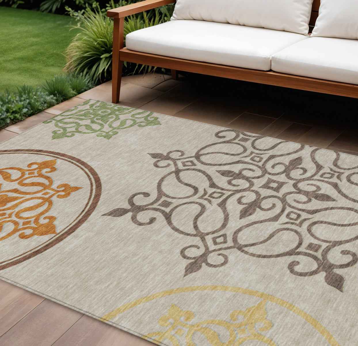 8' X 10' Taupe Copper And Green Floral Medallion Washable Indoor Outdoor Area Rug