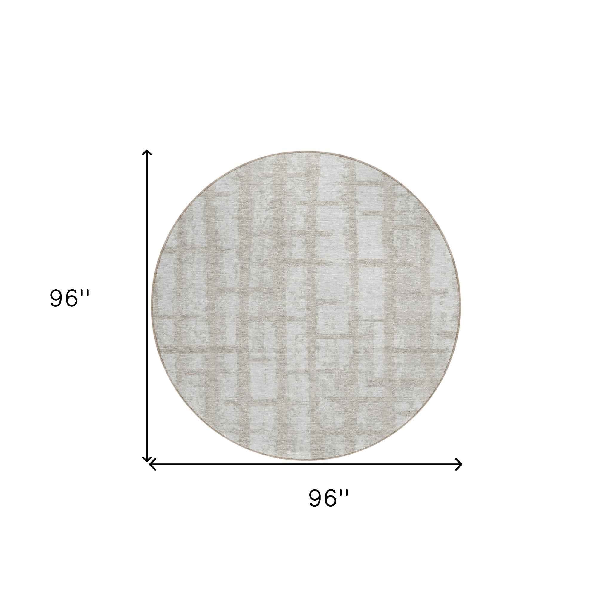 8' Taupe And Beige Round Striped Washable Indoor Outdoor Area Rug
