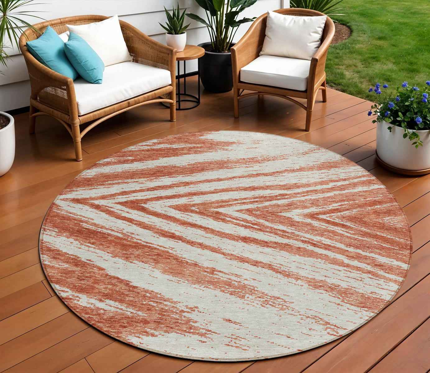 8' Salmon And Ivory Round Abstract Washable Indoor Outdoor Area Rug