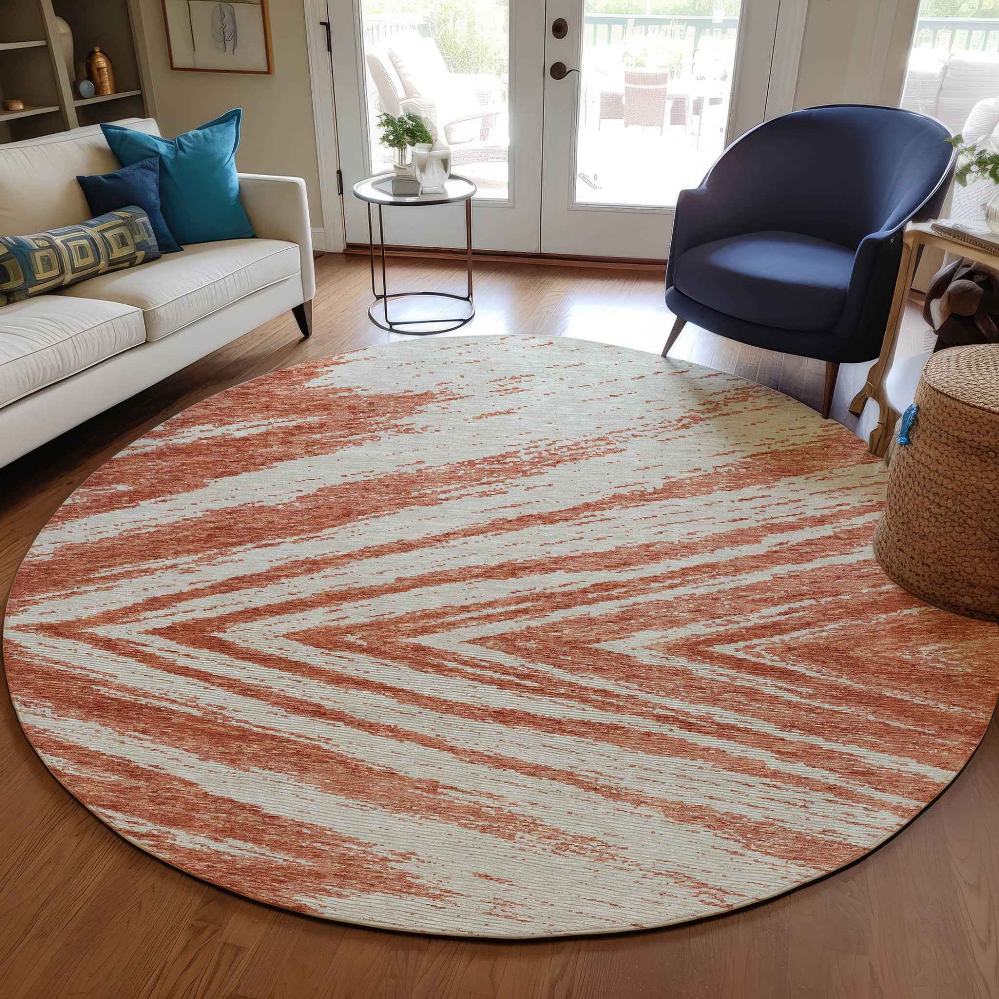 8' Salmon And Ivory Round Abstract Washable Indoor Outdoor Area Rug