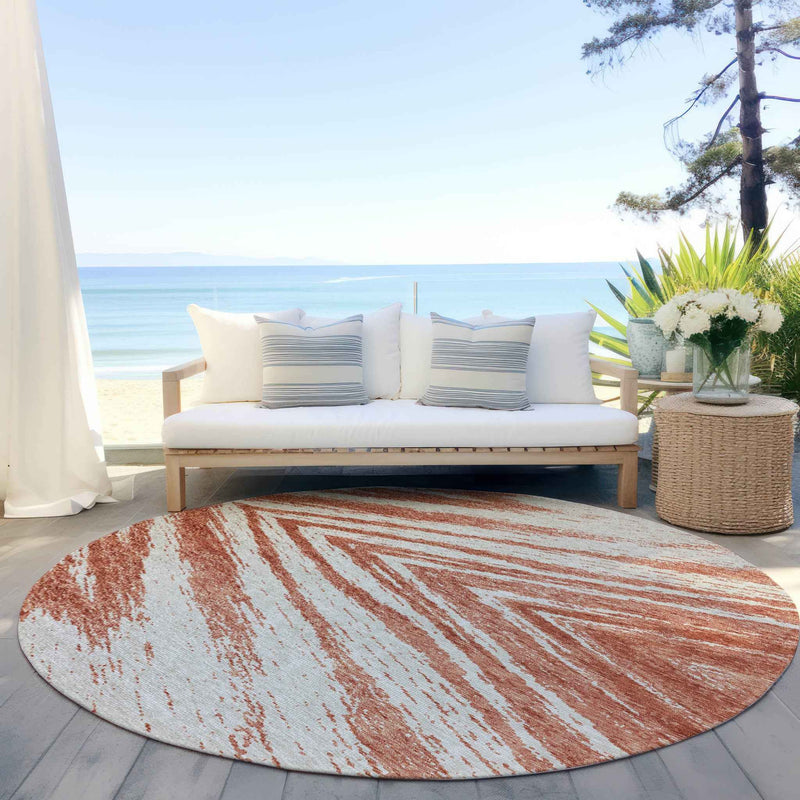 8' Salmon And Ivory Round Abstract Washable Indoor Outdoor Area Rug