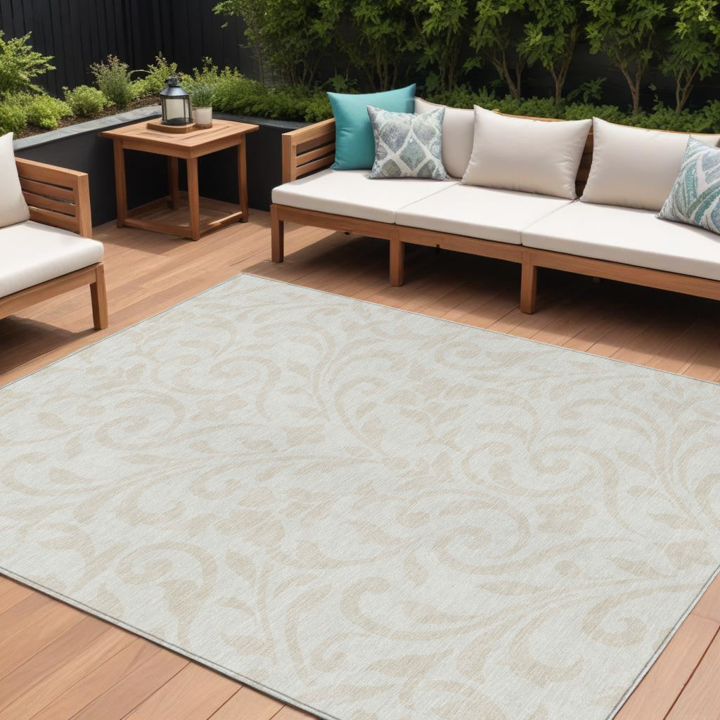 9' X 12' Ivory And Beige Floral Washable Indoor Outdoor Area Rug - Outdoor