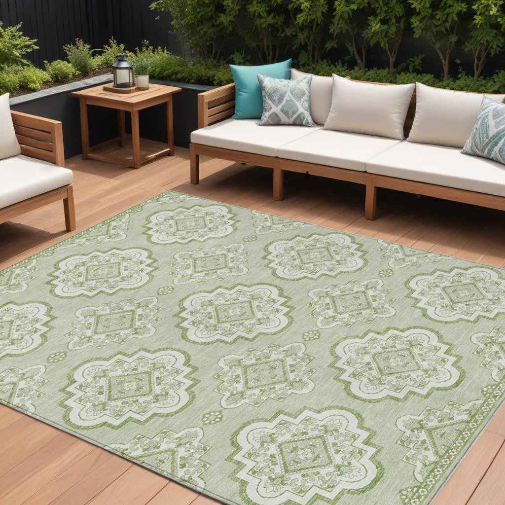 9' X 12' Artichoke Green And Ivory Medallion Washable Indoor Outdoor Area Rug
