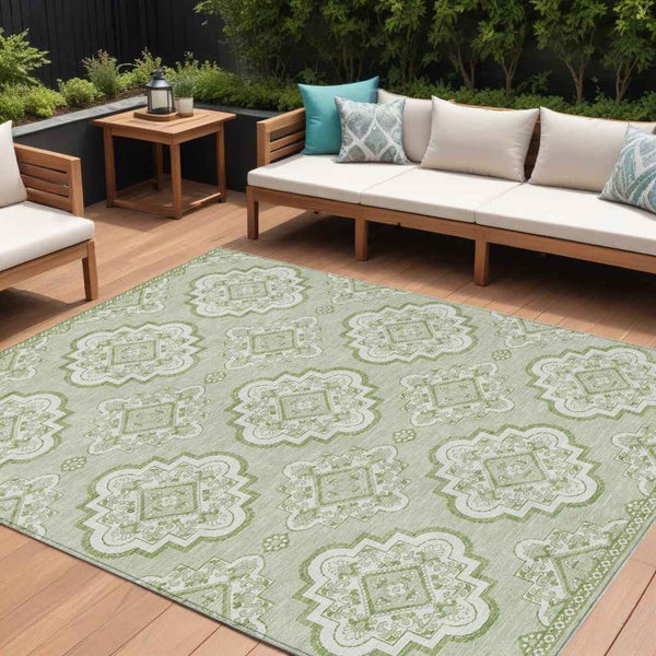 9' X 12' Artichoke Green And Ivory Medallion Washable Indoor Outdoor Area Rug